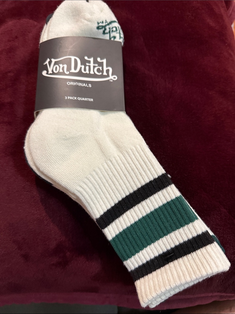 Von Dutch White Quarter Socks with Green & Black Stripes - 3 Pack